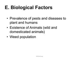 E. Biological Factors
• Prevalence of pests and diseases to
plant and humans
• Existence of Animals (wild and
domesticated animals)
• Weed population
JMUBanayag
 