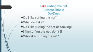 I like surfing the net.
Present Simple
Do/Does
Do I like surfing the net?
What do I like?
Do I like surfing the net or cooking?
I like surfing the net, don’t I?
Who likes surfing the net?
 