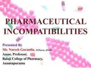 Presented By
Mr. Naresh Gorantla, M.Pharm., (Ph.D),
Assoc. Professor,
Balaji College of Pharmacy,
Anantapuramu
PHARMACEUTICAL
INCOMPATIBILITIES
 