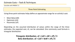 Coincides with PMBOK 7.2
Three Point Estimating
Using three-point estimates helps deﬁne an approximate range for an activi...