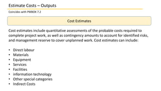 Coincides with PMBOK 7.2
Cost Estimates
Cost estimates include quantitative assessments of the probable costs required to
...