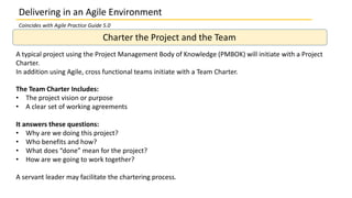 Delivering in an Agile Environment
Charter the Project and the Team
A typical project using the Project Management Body of Knowledge (PMBOK) will initiate with a Project
Charter.
In addition using Agile, cross functional teams initiate with a Team Charter.
The Team Charter Includes:
• The project vision or purpose
• A clear set of working agreements
It answers these questions:
• Why are we doing this project?
• Who benefits and how?
• What does “done” mean for the project?
• How are we going to work together?
A servant leader may facilitate the chartering process.
Coincides with Agile Practice Guide 5.0
 