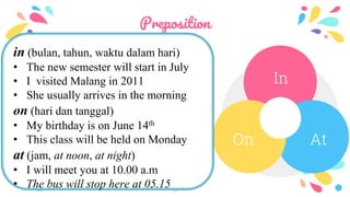 Preposition
11
In
AtOn
in (bulan, tahun, waktu dalam hari)
• The new semester will start in July
• I visited Malang in 2011
• She usually arrives in the morning
on (hari dan tanggal)
• My birthday is on June 14th
• This class will be held on Monday
at (jam, at noon, at night)
• I will meet you at 10.00 a.m
• The bus will stop here at 05.15
 