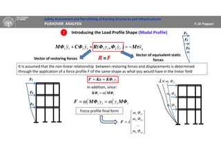 Safety Assessment and Retrofitting of Existing Structures and Infrastructures
PUSHOVER ANALYSIS F. Di Trapani
Introducing the Load Profile Shape (Modal Profile)2
g11111111 xyyyy &&&&&& Mτ)Φ,R(ΦCΦMΦ −=++
Vector of restoring forces
Vector of equivalent static
forces=
F3
F1
F2
In addition, since:
11 yKΦKxF ==
11
2
111
2
1 yy MΦMΦF ωω ==
It is assumed that the non-linear relationship between restoring forces and displacements is determined
through the application of a force profile F of the same shape as what you would have in the linear field
1
2
11 MΦKΦ ω=












=
1nn
212
111
Φm
...
Φm
Φm
λF
111 Φm
212 Φm
313 Φm
×λ
R F
F3
F2
F1
Force profile final form
 