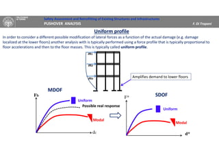 Safety Assessment and Retrofitting of Existing Structures and Infrastructures
PUSHOVER ANALYSIS F. Di Trapani
Uniform profile
In order to consider a different possible modification of lateral forces as a function of the actual damage (e.g. damage
localized at the lower floors) another analysis with is typically performed using a force profile that is typically proportional to
floor accelerations and then to the floor masses. This is typically called uniform profile.
m3
m1
m2
Amplifies demand to lower floors
dc
Fb
Uniform
Possible real response
Modal
d*
F*
Uniform
Modal
MDOF
SDOF
 