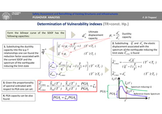 Safety Assessment and Retrofitting of Existing Structures and Infrastructures
PUSHOVER ANALYSIS F. Di Trapani
Determination of Vulnerability indexes (TR=const. Hp.)





≥=
<+−=
)TT(q~
)TT(1
T
T
)1(q~
C
*
c
*
C
*
c
*
c
*
µ
µ
*
ud *
y
*
u
c
d
d
=µ
Form the bilinear curve of the SDOF has the
following capacities:
Ultimate
displacement
capacity
Ductility
capacity
*
q~
1. Substituting the ductility
capacity into the q-µ-T
relationships one can found the
reduction factor associated with
the current SDOF and the
spectrum of the earthquake
inducing the limit state





≥=
<





+−=
)TT(dd
)TT(1
T
T
)1q(
q
d
d
C
**
max,e
*
max
C
*
*
c*
*
*
max,e*
max







≥=
<
+−
=
)TT(dd
~
)TT(
1
T
T
)1q~(
q~d
d
~
C
**
u
*
max,e
C
*
*
c*
**
u*
max,e
2. Substituting and the elastic
displacement associated with the
spectrum of the earthquake inducing the
limit state is found
*
q~ *
ud
*
max,ed
~
3. Given the proportionality
of spectral ordinated with
respect to PGA one can set:
E
d
c
*
ae
*
ae
*
De
*
De
*
max,e
*
max,e
PGA
PGA
)T(S
)T(S
~
)T(S
)T(S
~
d
d
~
ζ=∝==
T
)T(Sae
*
T
Reference Elastic Spectrum
Spectrum inducing LS
dPGA
dEc PGAPGA ζ=
)T(S
~ *
ae
cPGA )T(S *
ae
4. PGA capacity can be also
found.
 