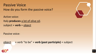 Passive Voice
Active voice:
Italy produces a lot of olive oil.
subject + verb + object
Passive voice:
object + verb “to be” + verb (past participle) + subject
12
How do you form the passive voice?
 