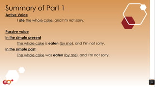 Summary of Part 1
Active Voice
I ate the whole cake, and I’m not sorry.
Passive voice
in the simple present
The whole cake is eaten (by me), and I’m not sorry.
in the simple past
The whole cake was eaten (by me), and I’m not sorry.
14
 