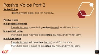 Passive Voice Part 2
Active Voice
I ate the whole cake, and I’m not sorry.
Passive voice
in a progressive tense
The whole cake is/was being eaten (by me), and I’m not sorry.
in a perfect tense
The whole cake has/had been eaten (by me), and I’m not sorry.
in a future tense
The whole cake will be eaten (by me), and I’m not sorry.
The whole cake is going to be eaten (by me), and I’m not sorry.
15
 
