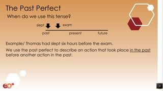 The Past Perfect
Example/ Thomas had slept six hours before the exam.
We use the past perfect to describe an action that took place in the past
before another action in the past.
34
When do we use this tense?
presentpast future
slept exam
 