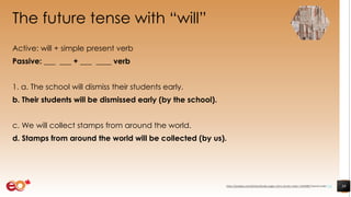 The future tense with “will”
Active: will + simple present verb
Passive: ___ ___ + ___ ____ verb
1. a. The school will dismiss their students early.
b. Their students will be dismissed early (by the school).
c. We will collect stamps from around the world.
d. Stamps from around the world will be collected (by us).
39https://pixabay.com/photos/books-pages-story-stories-notes-1245690/ shared under CC0
 