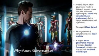 Why Azure Governance?
▪ When a proper Azure
governance model is
followed, you can ensure
that your teams are
operating in a secure and
compliant Azure
environment during
design, development and
operations
▪ To prevent Cloud Sprawl
▪ Azure governance
complements your cloud
strategy
▪ A proper Azure
governance strategy
provides a decision
framework to determine
how you will use cloud
technologies
 