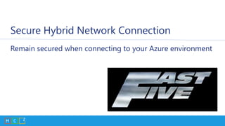 Secure Hybrid Network Connection
Remain secured when connecting to your Azure environment
 