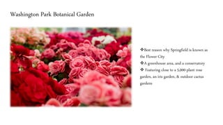 Washington Park Botanical Garden
❖Best reason why Springfield is known as
the Flower City
❖A greenhouse area, and a conservatory
❖ Featuring close to a 5,000-plant rose
garden, an iris garden, & outdoor cactus
gardens
 