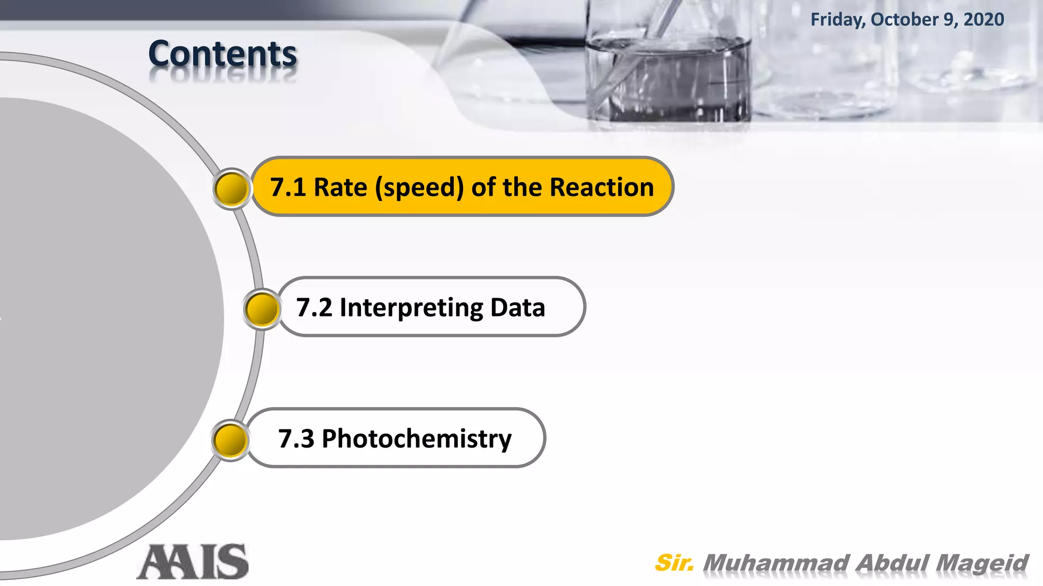 Contents
7.2 Interpreting Data
7.1 Rate (speed) of the Reaction
7.3 Photochemistry
Friday, October 9, 2020
Sir. Muhammad Abdul Mageid