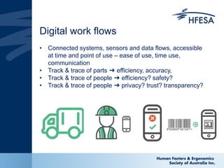 Digital work flows
• Connected systems, sensors and data flows, accessible
at time and point of use – ease of use, time use,
communication
• Track & trace of parts ➔ efficiency, accuracy,
• Track & trace of people ➔ efficiency? safety?
• Track & trace of people ➔ privacy? trust? transparency?
 