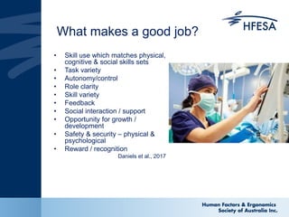 What makes a good job?
• Skill use which matches physical,
cognitive & social skills sets
• Task variety
• Autonomy/control
• Role clarity
• Skill variety
• Feedback
• Social interaction / support
• Opportunity for growth /
development
• Safety & security – physical &
psychological
• Reward / recognition
Daniels et al., 2017
 