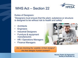WHS Act – Section 22
Duties of Designers:
“Designers must ensure that the plant, substance or structure
is designed to be without risk to health and safety”
• Architects
• Engineers
• Industrial Designers
• Furniture & equipment
manufacturers
• HR / Operations Managers
• Finance Managers
Are we checking the ‘usability’ of their designs?
Are their designs ‘human-centred’?
 