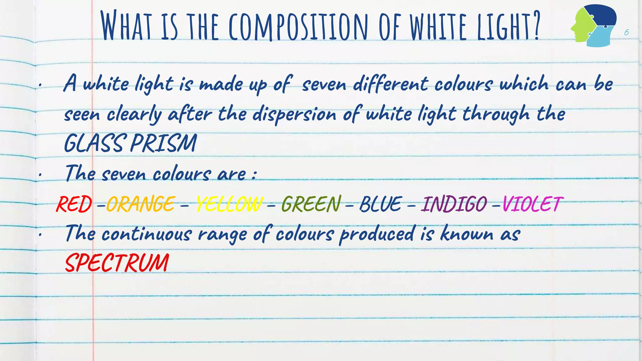 What is the composition of white light?
• A white light is made up of seven different colours which can be
seen clearly after the dispersion of white light through the
GLASS PRISM
• The seven colours are :
RED –ORANGE – YELLOW – GREEN – BLUE – INDIGO –VIOLET
• The continuous range of colours produced is known as
SPECTRUM
6