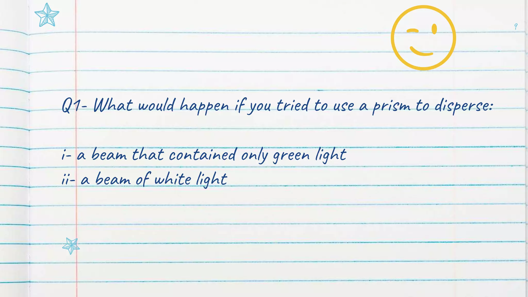 Q1- What would happen if you tried to use a prism to disperse:
i- a beam that contained only green light
ii- a beam of white light
9
😉