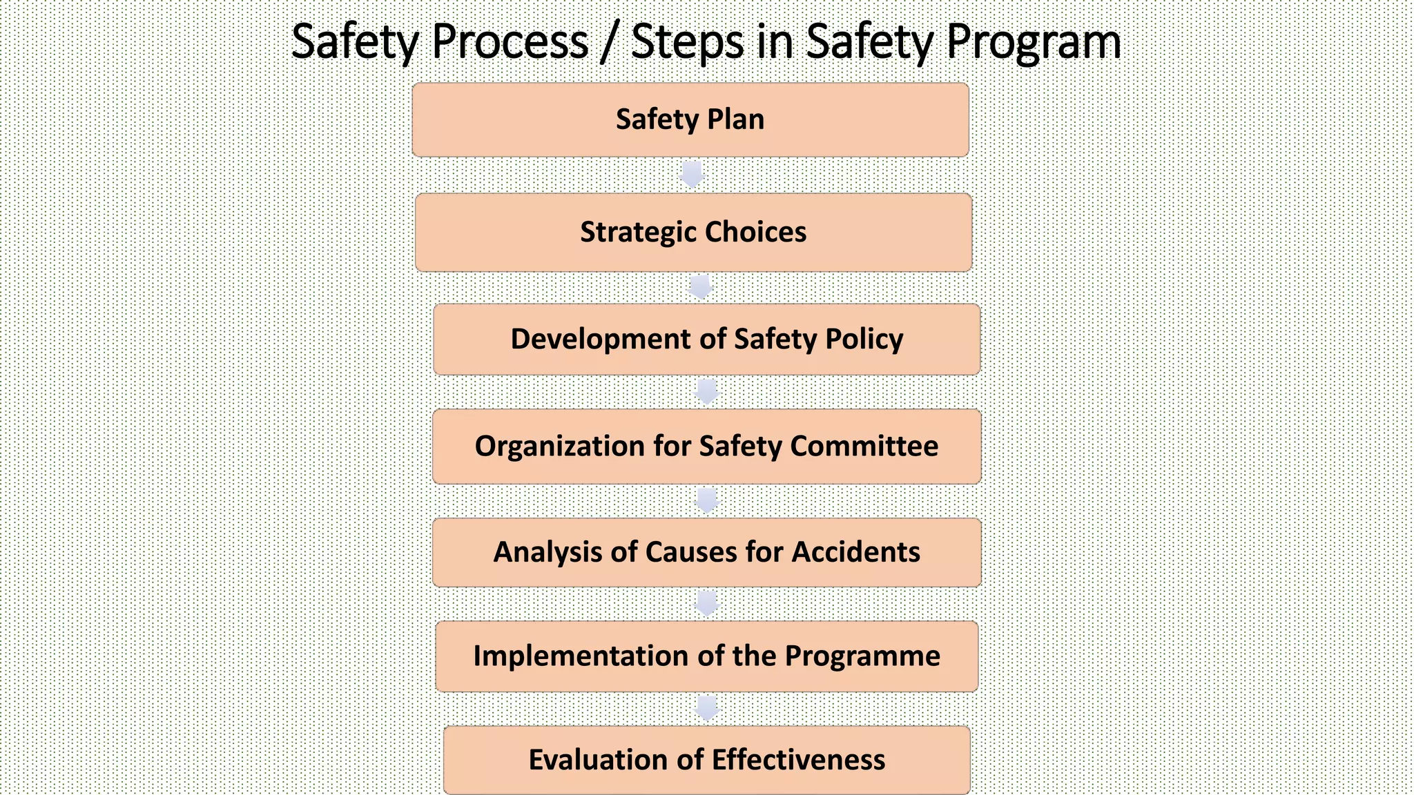 Safety Process / Steps in Safety Program
Safety Plan
Strategic Choices
Development of Safety Policy
Organization for Safety Committee
Analysis of Causes for Accidents
Implementation of the Programme
Evaluation of Effectiveness
 