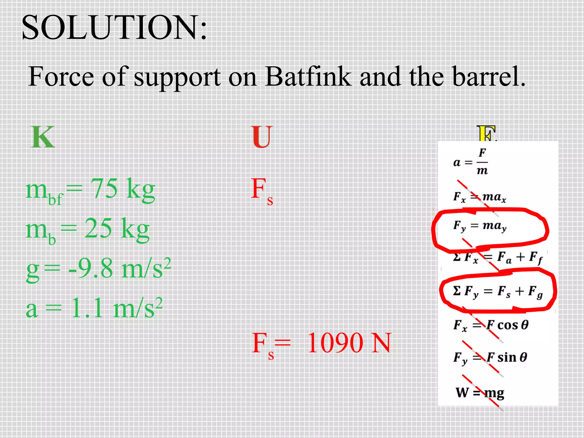 SOLUTION:
Force of support on Batfink and the barrel.


mbf = 75 kg        Fs
mb = 25 kg
g = -9.8 m/s2
a = 1.1 m/s2
                   Fs= 1090 N
 