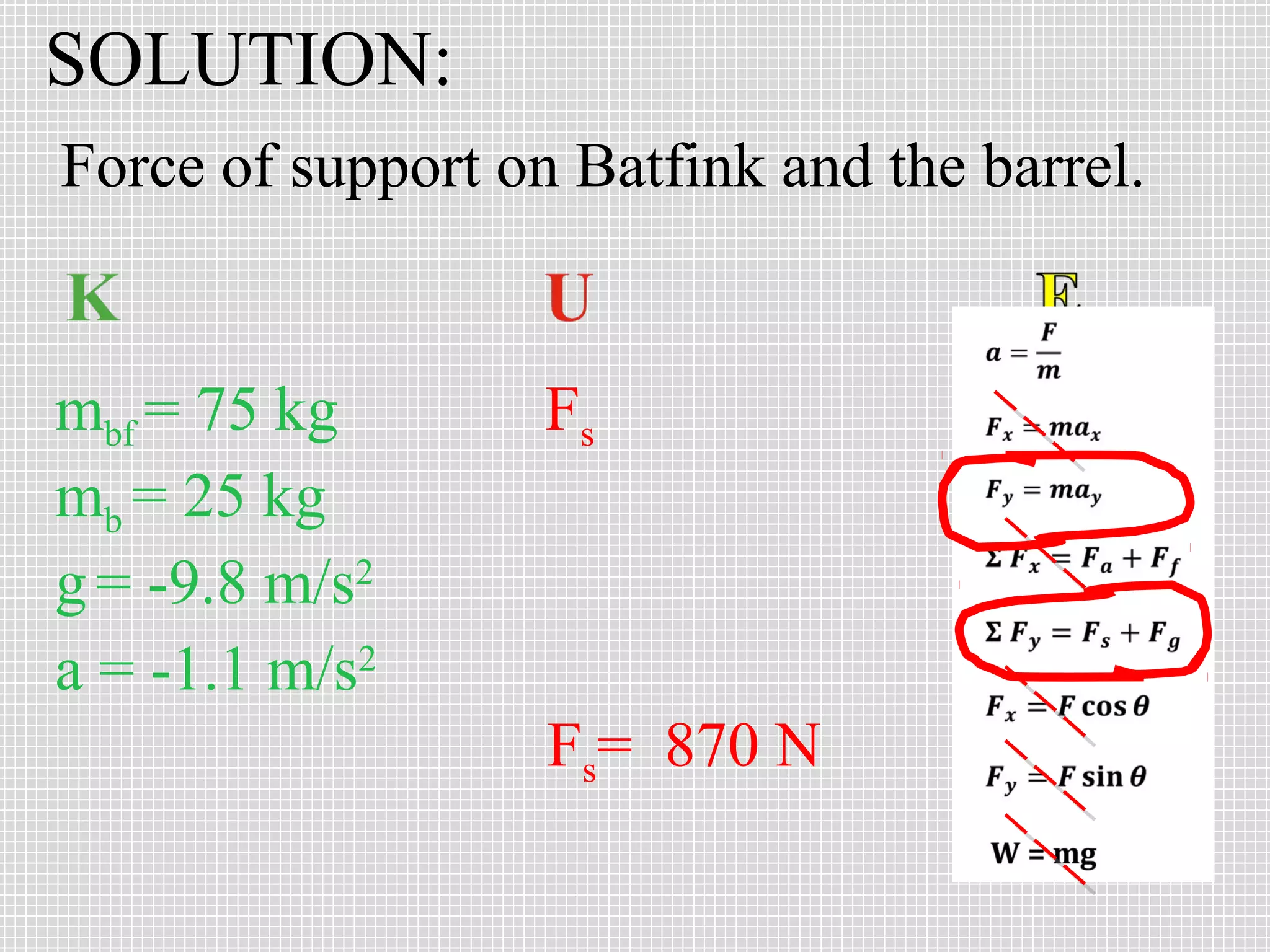 SOLUTION:
Force of support on Batfink and the barrel.


mbf = 75 kg        Fs
mb = 25 kg
g = -9.8 m/s2
a = -1.1 m/s2
                   Fs= 870 N
 