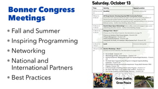 Bonner Congress
Meetings
• Fall and Summer
• Inspiring Programming
• Networking
• National and
International Partners
• Best Practices
 