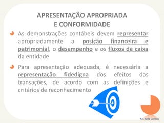 APRESENTAÇÃO APROPRIADA
E CONFORMIDADE
As demonstrações contábeis devem representar
apropriadamente a posição financeira e
patrimonial, o desempenho e os fluxos de caixa
da entidade

Para apresentação adequada, é necessária a
representação fidedigna dos efeitos das
transações, de acordo com as definições e
critérios de reconhecimento

Ms Karla Carioca

 