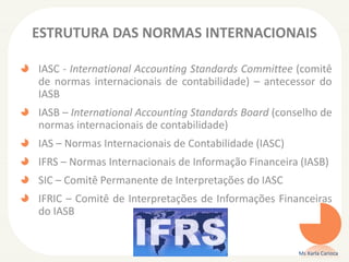 ESTRUTURA DAS NORMAS INTERNACIONAIS
IASC - International Accounting Standards Committee (comitê
de normas internacionais de contabilidade) – antecessor do
IASB

IASB – International Accounting Standards Board (conselho de
normas internacionais de contabilidade)
IAS – Normas Internacionais de Contabilidade (IASC)
IFRS – Normas Internacionais de Informação Financeira (IASB)

SIC – Comitê Permanente de Interpretações do IASC
IFRIC – Comitê de Interpretações de Informações Financeiras
do IASB

Ms Karla Carioca

 