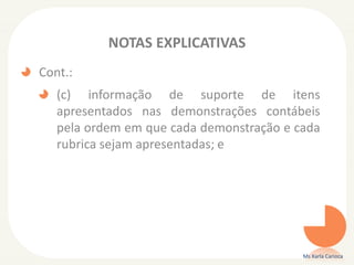 NOTAS EXPLICATIVAS
Cont.:
(c) informação de suporte de itens
apresentados nas demonstrações contábeis
pela ordem em que cada demonstração e cada
rubrica sejam apresentadas; e

Ms Karla Carioca

 