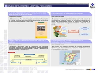 PRINCIPALES EXPERIENCIAS DE SPIM
ESTUDIOS DE TRANSPORTE DE MERCANCÍAS POR CARRETERA1
PLAN ESTRATÉGICO DE ACTUACIÓN PARA EL TRANSPORTE DE
MERCANCÍAS POR CARRETERA (PETRA)
•Elaboración de un Plan de Acción para la definición e implementación
de medidas necesarias para incrementar la competitividad de transporte
de mercancías por carretera en España. 2008.
Cliente: Ministerio De Fomento.
PLAN ESTRATÉGICO DE TRANSPORTES DE CANTABRIA
•Se analiza el contexto regional del Plan y toda la red existente de
infraestructuras, trasportes y oferta de servicios de transporte de la
región, para posteriormente realizar el análisis de la demanda de
servicios de transporte, un diagnóstico estratégico, y un Plan de Acción
(2015).
Cliente: Gobierno de Cantabria
OBSERVATORIO DEL TRANSPORTE INTERMODAL TERRESTRE Y
MARÍTIMO
•Herramienta desarrollada para el seguimiento del transporte
intermodal, analizando del trasvase de mercancías contenerizadas entre
los diversos modos, en el entorno europeo y español, y desglosando el
transporte terrestre y marítimo. 2011.
Cliente: Ministerio de Fomento
PLAN INTERMODAL DEL SISTEMA DE TRANSPORTE DE
MERCANCÍAS (PEIT INTERMODAL)
•Plan nacional para establecer un sistema de transporte de mercancías
intermodal, a fin de desarrollar líneas estratégicas de infraestructuras en
el horizonte 2005-2020. 2007.
Cliente: Ministerio de Fomento
Distancia en ferrocarril (D)
T T
Terminal Terminal
km
Acarreo en destino (AC-2)
CADENA INTERMODAL
CARRETERA
Origen
Distancia en Carretera (D – AC1- AC2)
Distancia Intermodal (AC1 +D+ AC2)
km
Acarreo en origen (AC-1)
Origen
Zona 2
Destino
Zona 3
Destino
Distancia en ferrocarril (D)
T T
Terminal Terminal
km
Acarreo en destino (AC-2)
CADENA INTERMODAL
CARRETERA
Origen
Distancia en Carretera (D – AC1- AC2)
Distancia Intermodal (AC1 +D+ AC2)
km
Acarreo en origen (AC-1)
Origen
Zona 2
Destino
Zona 3
Destino
Línea Estratégica 2:
Promoción del desarrollo de una función
central por parte del ferrocarril en el sistema
intermodal de transporte de mercancías.
Eje de Actuación 2.2:
Programa de apoyo al desarrollo del
transporte combinado.
Eje de Actuación 2.1:
Implantación de estaciones intermodales
conectados a la red ferroviaria y a otros
modos de transporte
CIUDAD DEL
TRANSPORTE
CIUDAD DEL
TRANSPORTE
 