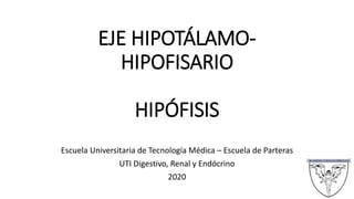 EJE HIPOTÁLAMO-
HIPOFISARIO
HIPÓFISIS
Escuela Universitaria de Tecnología Médica – Escuela de Parteras
UTI Digestivo, Renal y Endócrino
2020
 