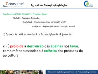 Modo de Produção Biológico de Animais e de Produtos de Origem Animal
Agricultura Biológica/Legislação
Regulamento (CE) Nº 834/2007 – Princípios Gerais
Título III – Regras de Produção
Capítulos 2 – Produção Agrícola (Artigos 8º a 10º)
Artigo 14º - Regras aplicáveis à produção animal
b) Quanto às práticas de criação e às condições de alojamento:
xi) É proibida a destruição das abelhas nos favos,
como método associado à colheita dos produtos da
apicultura;
 