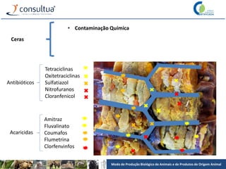 Modo de Produção Biológico de Animais e de Produtos de Origem Animal
Ceras
• Contaminação Química
Antibióticos
Acaricidas
Tetraciclinas
Oxitetraciclinas
Sulfatiazol
Nitrofuranos
Cloranfenicol
Amitraz
Fluvalinato
Coumafos
Flumetrina
Clorfenvinfos
 