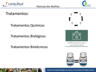 Modo de Produção Biológico de Animais e de Produtos de Origem Animal
Doenças das Abelhas
Tratamentos:
Tratamentos Químicos
Tratamentos Biológicos
Tratamentos Biotécnicos
 