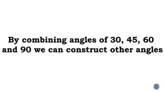 By combining angles of 30, 45, 60
and 90 we can construct other angles
 