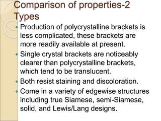 Comparison of properties-2
Types
 Production of polycrystalline brackets is
less complicated, these brackets are
more readily available at present.
 Single crystal brackets are noticeably
clearer than polycrystalline brackets,
which tend to be translucent.
 Both resist staining and discoloration.
 Come in a variety of edgewise structures
including true Siamese, semi-Siamese,
solid, and Lewis/Lang designs.
 