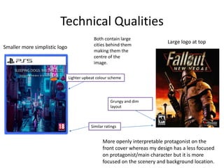 Technical Qualities
Lighter upbeat colour scheme
Grungy and dim
layout
Similar ratings
Large logo at top
Smaller more simplistic logo
More openly interpretable protagonist on the
front cover whereas my design has a less focused
on protagonist/main character but it is more
focused on the scenery and background location.
Both contain large
cities behind them
making them the
centre of the
image.
 