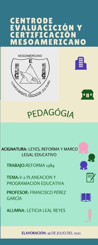PEDAGÓGIA
TRABAJO:REFORMA 1984
TEMA:V-2 PLANEACION Y
PROGRAMACIÓN EDUCATIVA
CENTRODE
EVALUACICIÓN Y
CERTIFICACIÓN
MESOAMERICANO
ELAVORACIÓN: 12 DE JULIO DEL 2021
ACIGNATURA: LEYES, REFORMA Y MARCO
LEGAL EDUCATIVO
PROFESOR: FRANCISCO PÉREZ
GARCÍA
ALUMNA: LETICIA LEAL REYES
 