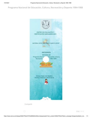 15/7/2021 Programa Nacional de Educación, Cultura, Recreación y Deporte 1984-1988
https://www.canva.com/design/DAEkTPbAcIY/FKdi9EBbSmDAkxJv3yIyaw/watch?utm_content=DAEkTPbAcIY&utm_campaign=designshare&utm_me… 1/1
CENTRO DE EVALUACIÓN Y
CENTRO DE EVALUACIÓN Y
CERTIFICACIÓN MESOAMERICANO
CERTIFICACIÓN MESOAMERICANO
MATERIA: LEYES, REFORMA Y MARCO LEGAL
MATERIA: LEYES, REFORMA Y MARCO LEGAL
MATERIA: LEYES, REFORMA Y MARCO LEGAL






REFORMA 84
REFORMA 84
"Programa Nacional de Educación, Cultura,
"Programa Nacional de Educación, Cultura,
Recreación y Deporte 1984-1988"
Recreación y Deporte 1984-1988"
Alumna: Tania León Ramírez
Alumna: Tania León Ramírez
Alumna: Tania León Ramírez
Profesor: Francisco
Profesor: Francisco
Profesor: Francisco Pérez García
Pérez García
Pérez García






Programa Nacional de Educación, Cultura, Recreación y Deporte 1984-1988
Compartir
0:02 / 0:12
 