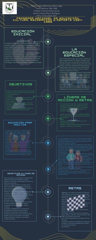 Se incrementarán los servicios de educación inicial,
mediante la capacitación de los padres de familia.
Se establecerán modelos de atención especial para
educandos con problemas de aprendizaje o con
aptitudes sobresalientes.
Duplicar, en relación con 1983, la población atendida
en los servicios de educación inicial, vía la capacitación
a los padres de
familia.
Actualizar el marco normativo de los servicios de
educación inicial y especial.
Implantar un sistema de supervisión y evaluación para
asegurar un adecuado nivel de calidad.
Corresponde a este programa el cumplimiento de dos
tareas. En primer lugar, atender a las personas que
llegan a la edad adulta (tomando como límite mínimo
los quince años cumplidos) analfabetas o que no han
completado la educación básica. En segundo lugar,
ofrecer a la población adulta los conocimientos,
técnicas de trabajo y medios de expresión que le
permitan participar más responsable y fructíferamente
en las tareas productivas y la vida cultural del país.
En esta labor participan el Instituto Nacional para la
Educación de los Adultos (INEA), los Centros de
Educación Básica para Adultos (CEBA) y las misiones
culturales.
La alfabetización se lleva a cabo fundamentalmente a
través del INEA mediante tres modalidades de atención
que se ofrecen en forma masiva: alfabetización directa
o grupal, telealfabetización y alfabetización individual.
La primera escolarizada se ofrece en los Centros de Educación Básica
para Adultos (CEBA) y en la primaria nocturna, esta última en escuelas
primarias del sistema federal que no operan el turno de la noche y en
locales proporcionados por empresas.
Este servicio atiende principalmente a trabajadores de zonas urbanas.
El INEA ofrece la primaria abierta, poniendo especial empeño en atender
a los adultos recién alfabetizados. En las comunidades en que se da este
servicio se promueve la formación de círculos de estudio, orientados por
asesores. Otro servicio importante que presta este Instituto es la
secundaria abierta.
La enseñanza primaria y secundaria intensiva para adultos por televisión,
que se encuentra actualmente en etapa de evaluación, se transmite por el
Canal 11 y por la cadena de Televisión de la República Mexicana.
Existe una variante de la primaria y la secundaria abiertas que imparte el
INEA en centros de trabajo. El Instituto capacita asesores, proporciona
material didáctico, acredita y brinda asesoría. El centro de trabajo
organiza y ofrece el servicio a sus empleados, proporciona el asesor y da
facilidades a sus trabajadores para que estudien durante la jornada
laboral.
La Secretaría de Educación Pública opera otros servicios de capacitación
mediante convenios con empresas industriales, a
través de planteles en zonas rurales que dan preparación en materia
agropecuaria y mediante misiones culturales que operan en
diversas entidades del país para impartir educación básica, oficios y
actividades artísticas.
Elevar la eficacia en los programas de alfabetización,
mediante el desarrollo de métodos y apoyos
didácticos que faciliten el aprendizaje y fomenten los
hábitos de autoestudio.
Subsanar el rezago educativo en el país, esto es,
reducir el analfabetismo e impartir la educación
básica -primaria y secundaria- a los mayores de 15
años que la requieran.
Ninguno de los servicios que integran la educación de
los adultos constituye un fin por sí mismo. En la
capacitación para el trabajo se articulará la visión de
las necesidades inmediatas con enfoques de
largo plazo sobre los cambios en el perfil de la
demanda de la economía.
El mayor impulso en acciones y recursos se dirigirá
de manera especial hacia las zonas urbanas
marginadas y las rurales, donde el rezago es
cuantioso.
Para abatir el analfabetismo e incrementar la
escolaridad se necesita el apoyo de toda la
población. En ese sentido, se promoverá la
coordinación de acciones entre los sectores público,
privado y social, a fin de ofrecer a los adultos
servicios educativos integrales, en la calidad y
cantidad requeridas.
Alfabetizar a 4.1 millones de adultos en el periodo
1984-1988, con lo cual el índice de analfabetismo
descenderá del 13% en la actualidad al 45 en 1988.
Perfeccionar metodologías y materiales didácticos
para los procesos de alfabetización, adecuados a las
diferentes regiones del país.
Atender en la educación primaria para adultos a 6.4
millones de personas entre 1984 y 1988, con el
apoyo de nuevas opciones pedagógicas y de los
medios de comunicación social.
Brindar el servicio de educación secundaria para
adultos a 3.4 millones.
Incrementar la oferta de servicios de capacitación
para el trabajo y capacitar, durante el período 1984-
1988, a 6.2 millones de personas.
Para 1988 dar capacitación en el trabajo a 213 mil
personas.
Consolidar el sistema de acreditación y certificación
de adultos a fin de tener capacidad para certificar
4.6 millones de exámenes
de secundaria.
Caracterización
La educación inicial es un servicio asistencial y formativo
orientado a estimular de manera sistemática las áreas de
desarrollo afectivo social, físico y cognoscitivo de la
población infantil, desde los 45 días de nacida hasta los
cinco años once meses de edad.
La educación inicial se ofrece en dos variantes: atención
directa en centros de desarrollo infantil (CENDI), y
capacitación a los padres. La primera se encuentra en tres
niveles: lactantes maternales y preescolares. Los centros
atienden a la población urbana y cuentan con médicos,
nutriólogos, educadores, psicólogos y trabajadores sociales.
Ampliar la oferta de servicios de educación especial
e implantar nuevos modelos de atención adecuados
a las características de
la demanda.
Consolidar la capacidad normativa de la Secretaría
de Educación Pública, en materia de educación
inicial y especial.
Mejorar la calidad de estos servicios y promover
una mayor participación y coordinación entre las
instituciones que los brindan.
Coordinar la educación especial con la estructura
académica del sistema educativo nacional.
OBJETIVOS Y LINEA DE
ACCIÓN
EDUCACIÓN PARA
ADULTOS
Servicio encaminado a lograr que los niños y jóvenes con
algún impedimento físico y/o psíquico se realicen como
personas autónomas y se incorporen a las instituciones
educativas regulares. El Sector ofrece este servicio en dos
variantes. La primera, denominada Educación Especial
Indispensable, es para alumnos de cero a 20 años que
presentan deficiencias mentales, trastornos visuales y
auditivos e impedimentos motores.
La segunda, es la de Educación Especial Complementaria,
que atiende a niños de seis a 14 años con necesidad de
atención transitoria y complementaria para la evolución
pedagógica regular. Atiende problemas de aprendizaje,
lenguaje y trastornos de conducta. Se otorga en las
unidades de grupos integrados, en la escuela regular, a
través de profesores capacitados ex-profeso, y en los
centros psicopedagógicos.
Cabe mencionar que también se cuenta con centros de
diagnóstico que detectan oportunamente a la población y
la canalizan a la institución adecuada para su atención.
LA
EDUCACIÓN
ESPECIAL
METAS
EDUCACIÓN
INICIAL
LÍNEAS DE
ACCIÓN Y METAS
OBJETIVOS
P r o g r a m a N a c i o n a l d e E d u c a c i ó n ,
C u l t u r a , R e c r e a c i ó n y D e p o r t e 1 9 8 4 -
1 9 8 8
Materia: Leyes, Reformas y Marco Legal
Tema: Reforma 1984-1988
Profesor: Francisco Pérez García
Alumna: Yessica Martin Rodríguez
Fecha: 14 de juliode 2021
 