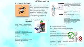 Se habrá consolidado una educación
básica sin la rigidez y las limitaciones
que ofrece la actual estructura de la
educación preescolar, primaria y
secundaria. Paralelamente, en los
aspectos que son competencia del
Sector, se habrá avanzado en la
reducción de la deserción.
En los niveles educativos:
IMAGEN - OBJETIVO
En los contenidos, métodos y sistemas de
enseñanza:
NIVEL BASICO Se habrá mejorado la
enseñanza de las matemáticas, para lograr
que el estudiante maneje con suficiencia el
pensamiento cuantitativo y relacional
NIVEL MEDIO La enseñanza
propedéutica y terminal tendrán terminal
preparará al educando para su
incorporación inmediata al trabajo
productivo
En cuanto a la educación media
propedéutica, los contenidos se orientarán
a formar una base sólida para el
conocimiento de las ciencias exactas, las
naturales y las sociales.
En los apoyos didácticos y culturales:
Para el año 2000 se habrá incorporado plenamente el
uso de los medios electrónicos en la educación, lo mismo
como apoyos
didácticos que para la enseñanza del cómputo.
A través de los medios de comunicación masiva se
difundirán programas cuyos contenidos serán
congruentes con la política
educativa y cultural. De esta suerte se reforzará la
divulgación de la ciencia y la tecnología la apreciación
de lo artístico y cultural,
y las actitudes de solidaridad nacional.
NIVEL MEDIO La enseñanza propedéutica
y terminal tendrán terminal preparará al
educando para su incorporación inmediata al
trabajo productivo
En cuanto a la educación media
propedéutica, los contenidos se orientarán a
formar una base sólida para el conocimiento
de las ciencias exactas, las naturales y las
sociales.
EDUCAION SUPERIOR universitaria y
tecnológica, formará profesionales capaces
de asimilar la ciencia y tecnología
contemporáneas
La educación de posgrado deberá situar al
estudiante en la frontera del conocimiento,
desarrollando su capacidad para la
investigación y para la docencia
especializada.
 