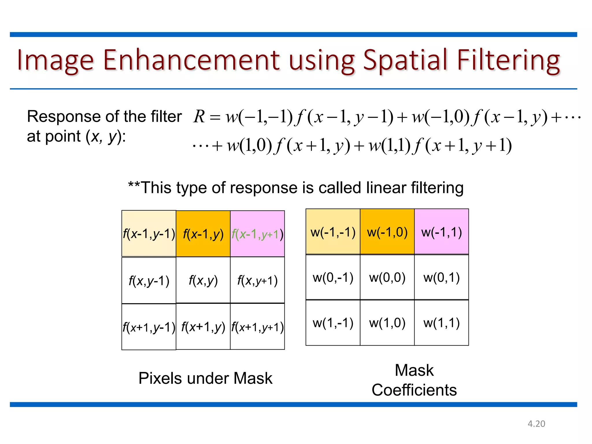 4.20 Image Enhancement using Spatial Filtering w(-1,-1) w(-1,0) w(-1,1) w(0,-1) w(0,0) w(0,1) w(1,0) w(1,1) f(x-1,y-1) f(x-1,y) f(x-1,y+1) f(x,y) f(x,y+1) f(x+1,y-1) f(x+1,y) f(x+1,y+1) Mask Coefficients Pixels under Mask w(1,-1) f(x,y-1) Response of the filter at point (x, y): ) 1 , 1 ( ) 1 , 1 ( ) , 1 ( ) 0 , 1 ( ) , 1 ( ) 0 , 1 ( ) 1 , 1 ( ) 1 , 1 (               y x f w y x f w y x f w y x f w R   **This type of response is called linear filtering 
