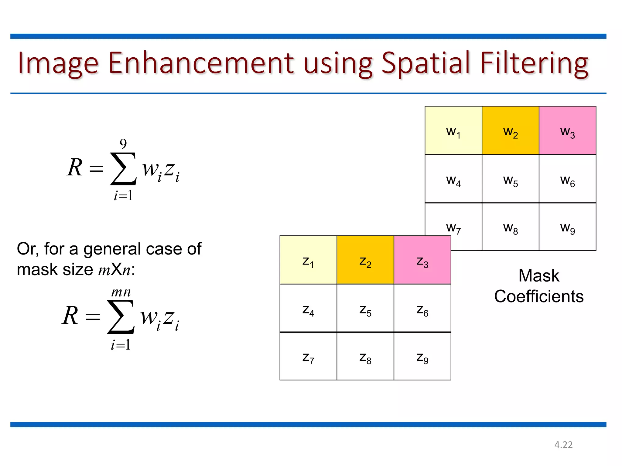 4.22 Image Enhancement using Spatial Filtering    mn i i i z w R 1 w1 w2 w3 w4 w5 w6 w8 w9 Mask Coefficients w7 Or, for a general case of mask size mXn: z1 z2 z3 z4 z5 z6 z8 z9 z7    9 1 i i i z w R 