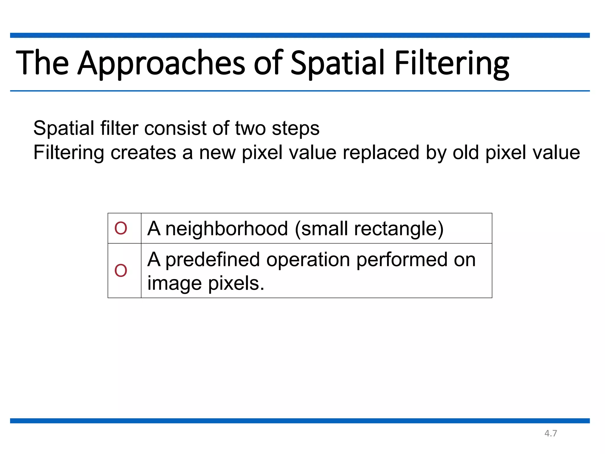 4.7 The Approaches of Spatial Filtering O A neighborhood (small rectangle) O A predefined operation performed on image pixels. Spatial filter consist of two steps Filtering creates a new pixel value replaced by old pixel value 
