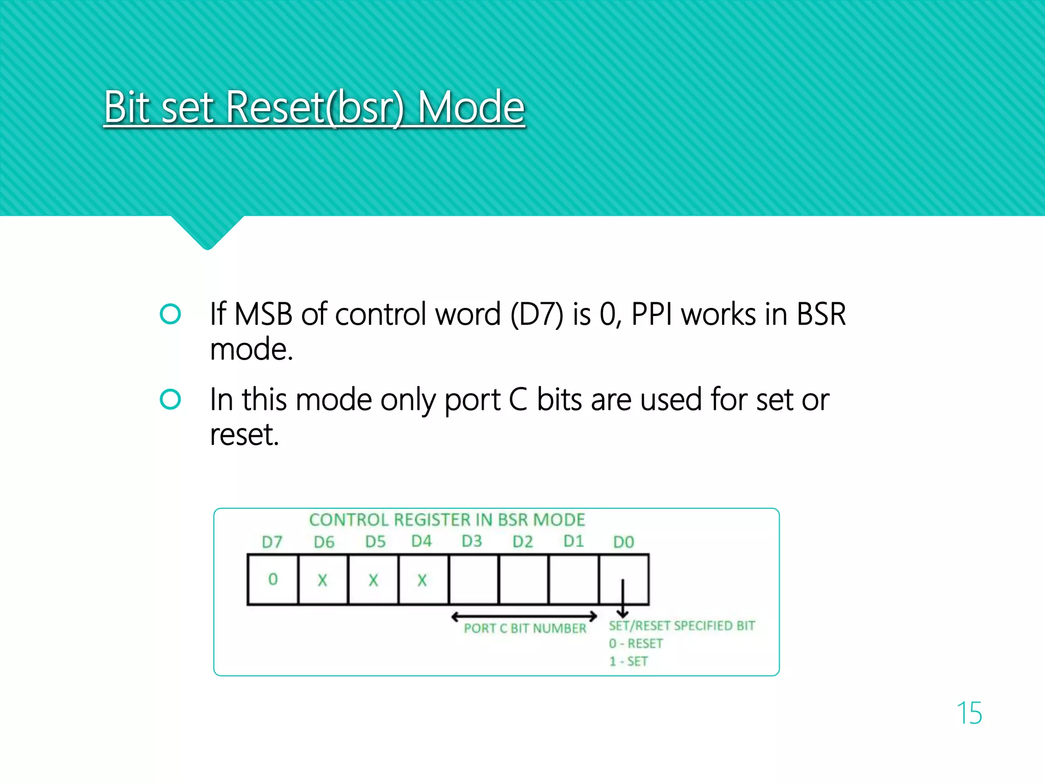 Bit set Reset(bsr) Mode
15
 If MSB of control word (D7) is 0, PPI works in BSR
mode.
 In this mode only port C bits are used for set or
reset.
 