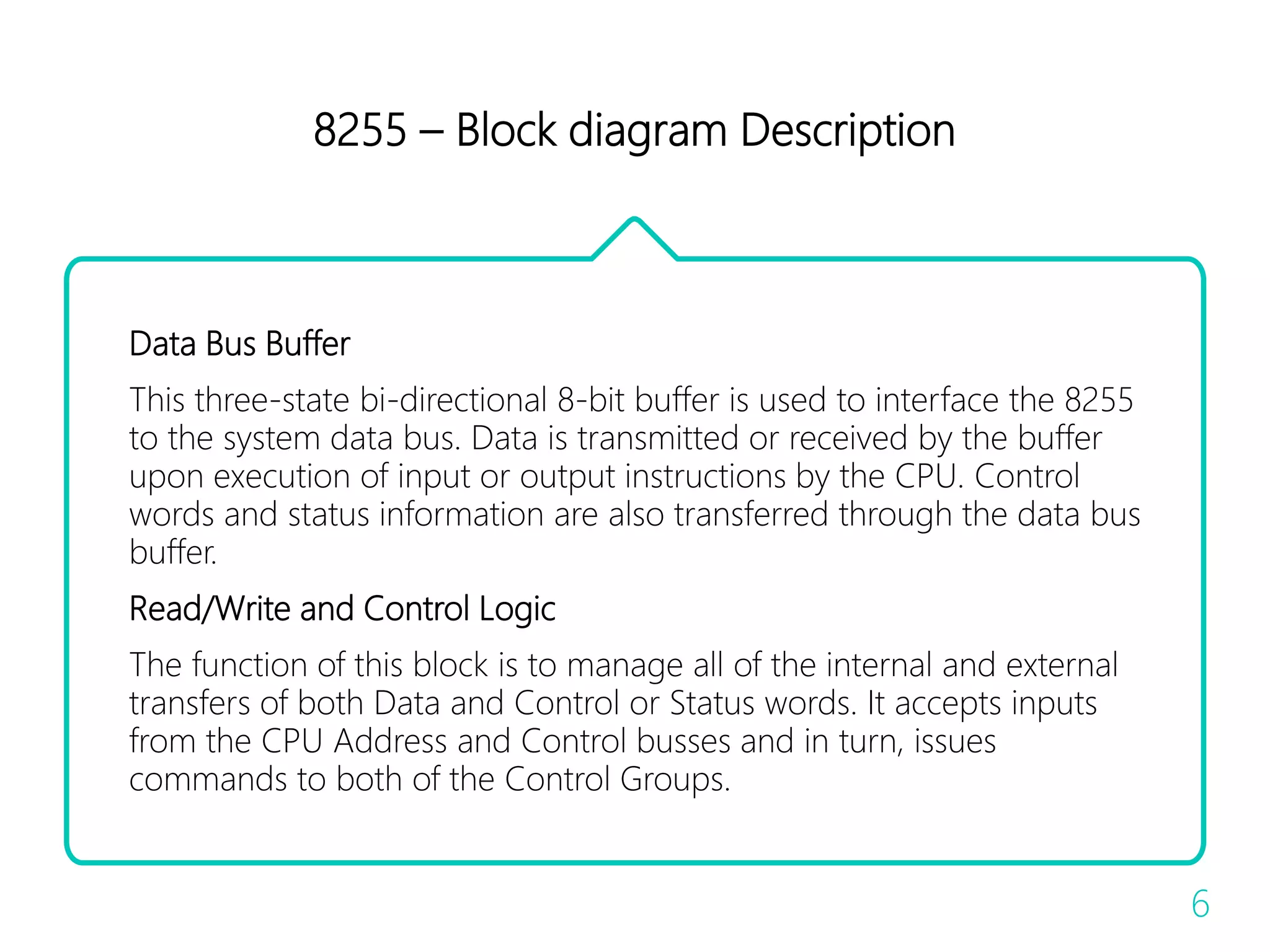 8255 – Block diagram Description
Data Bus Buffer
This three-state bi-directional 8-bit buffer is used to interface the 8255
to the system data bus. Data is transmitted or received by the buffer
upon execution of input or output instructions by the CPU. Control
words and status information are also transferred through the data bus
buffer.
Read/Write and Control Logic
The function of this block is to manage all of the internal and external
transfers of both Data and Control or Status words. It accepts inputs
from the CPU Address and Control busses and in turn, issues
commands to both of the Control Groups.
6
 