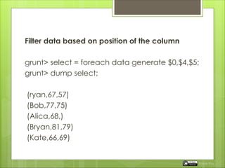 Filter data based on position of the column
grunt> select = foreach data generate $0,$4,$5;
grunt> dump select;
(ryan,67,57)
(Bob,77,75)
(Alica,68,)
(Bryan,81,79)
(Kate,66,69)
Rupak Roy
 