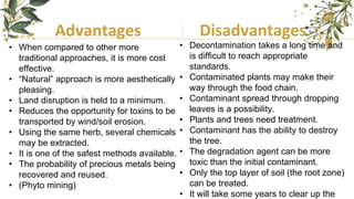 Advantages Disadvantages
• When compared to other more
traditional approaches, it is more cost
effective.
• “Natural” approach is more aesthetically
pleasing.
• Land disruption is held to a minimum.
• Reduces the opportunity for toxins to be
transported by wind/soil erosion.
• Using the same herb, several chemicals
may be extracted.
• It is one of the safest methods available.
• The probability of precious metals being
recovered and reused.
• (Phyto mining)
• Decontamination takes a long time and
is difficult to reach appropriate
standards.
• Contaminated plants may make their
way through the food chain.
• Contaminant spread through dropping
leaves is a possibility.
• Plants and trees need treatment.
• Contaminant has the ability to destroy
the tree.
• The degradation agent can be more
toxic than the initial contaminant.
• Only the top layer of soil (the root zone)
can be treated.
• It will take some years to clear up the
 